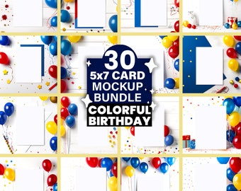 30 Invitation Greeting Card Mockup Bundle, 5x7 Invite Mockup, Colorful Party Card, Card Baby Shower Invitation, Bold Colors Card Mockups PNG