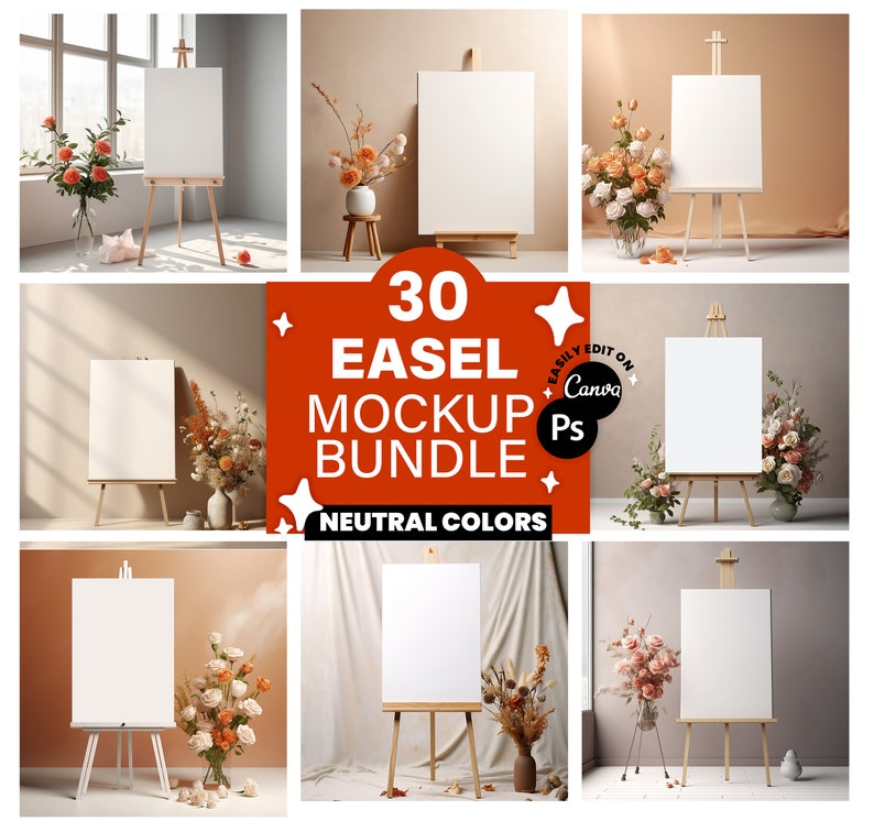 Puede incluir: Un conjunto de 30 maquetas de caballete con lienzos en blanco sobre caballetes de madera en varios entornos de colores neutros. Las maquetas se pueden editar f&aacute;cilmente en Canva y Photoshop. El texto "30 Easel Mockup Bundle" y "Neutral Colors" se muestra en el centro de la imagen.