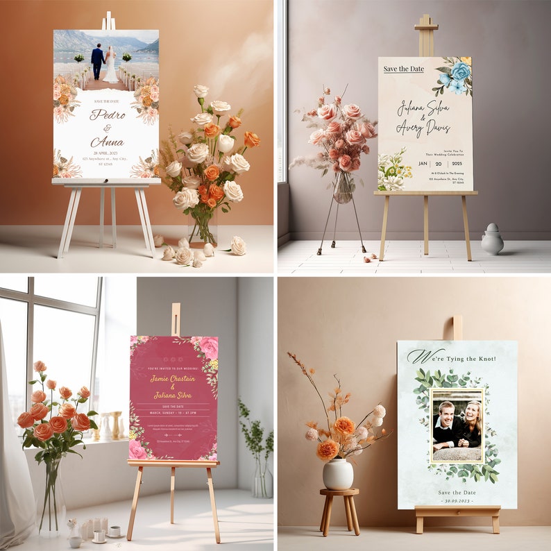 Puede incluir: Cuatro tarjetas de guardar la fecha de boda mostradas en caballetes con arreglos florales. Las tarjetas presentan diferentes dise&ntilde;os con acentos florales y texto que incluye los nombres de las parejas y la fecha de la boda.