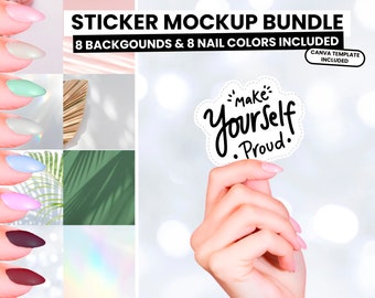 Sticker Mockup PNG | Canva Template of Hand Holding Sticker Mockup | 8 Backgrounds and Nail Colors | Add Your Own Background Sticker Mockup