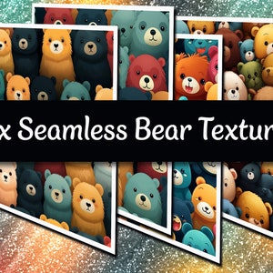 May include: Four seamless patterns featuring colorful cartoon bears in various poses. The patterns are perfect for creating backgrounds, wrapping paper, or fabric designs.