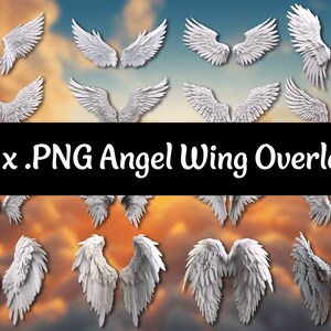 May include: 16 white angel wings overlays in PNG format. The wings are layered and feathered, with a realistic appearance. They are set against a background of clouds and a sunset.