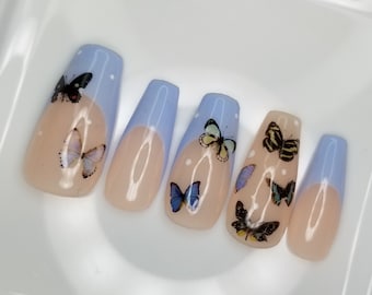 Cute Light Blue French Tips and Butterfly Press On Nails