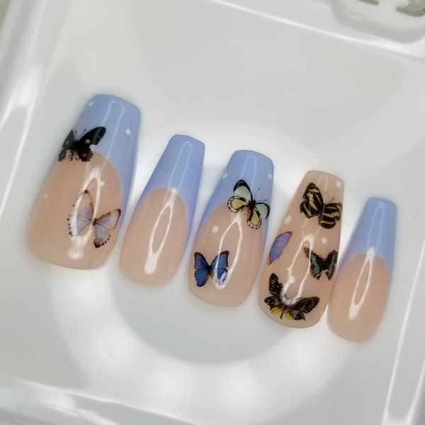 Cute Light Blue French Tips and Butterfly Press On Nails