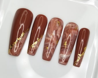 Brown Marble Fall Gel Press On Nails