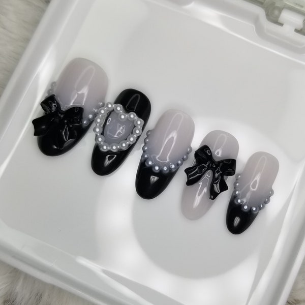 Black And White Coquette Girly Bow And Pearl Charm Press On Nails