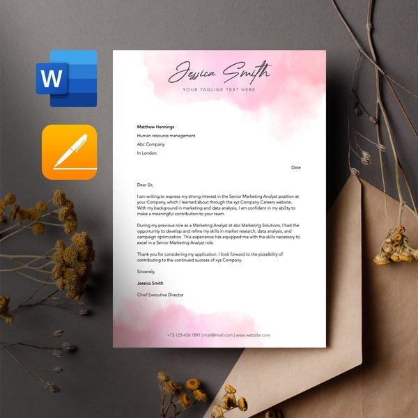 Watercolor Letterhead, Professional Layout for Microsoft Word & Mac Pages, Stationery Template, Business Letter Template.