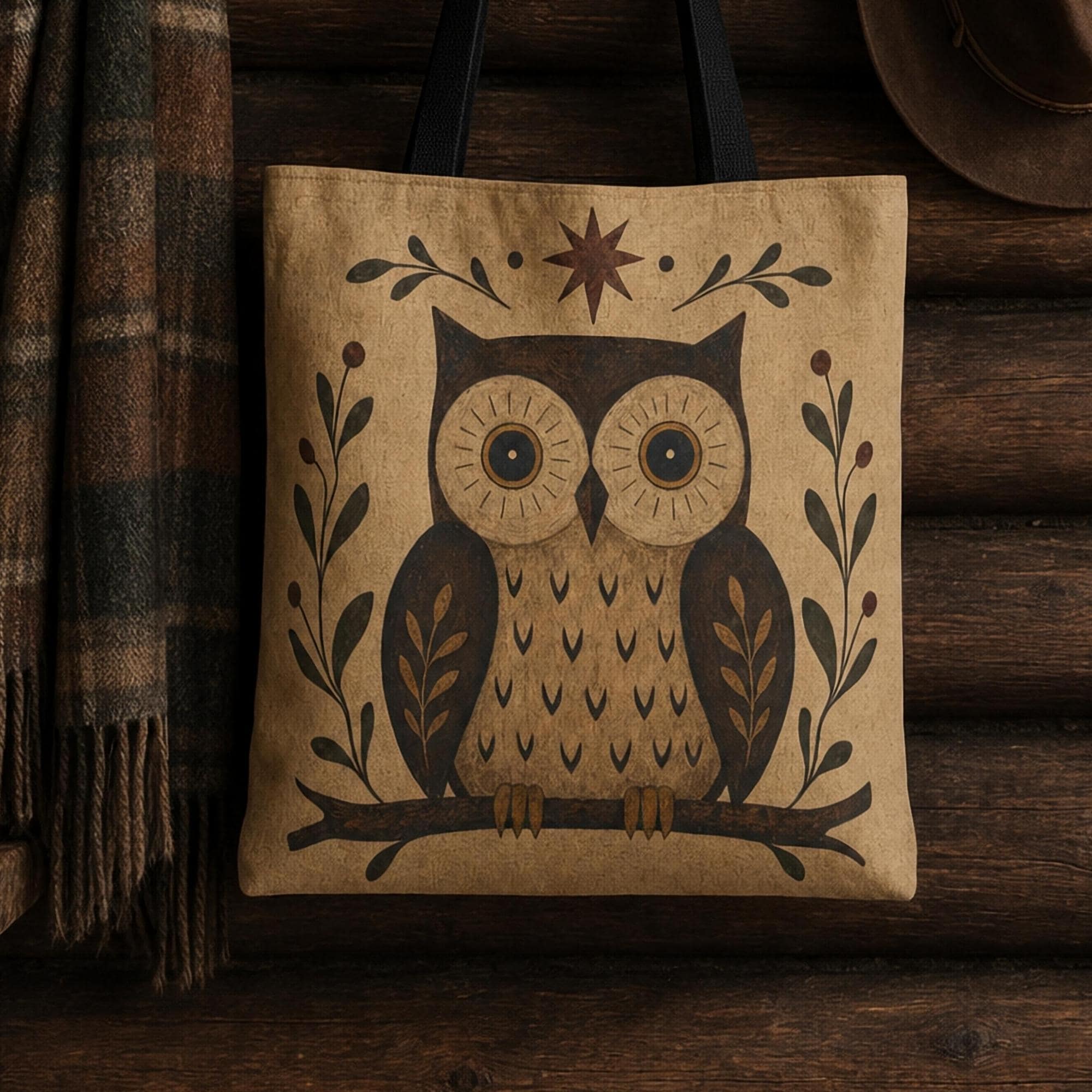 Rustic Owl Bag, Folk Art Canvas Tote Bag, Forest Weekend Bag, Cute Owl, Owl Bags, Woodland Animal Ba