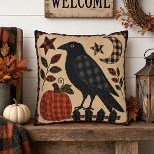 Housse de coussin citrouille corbeau automnale avec garniture, motif patchwork imitation daim, coussins d'Halloween, décoration automnale, motif vichy