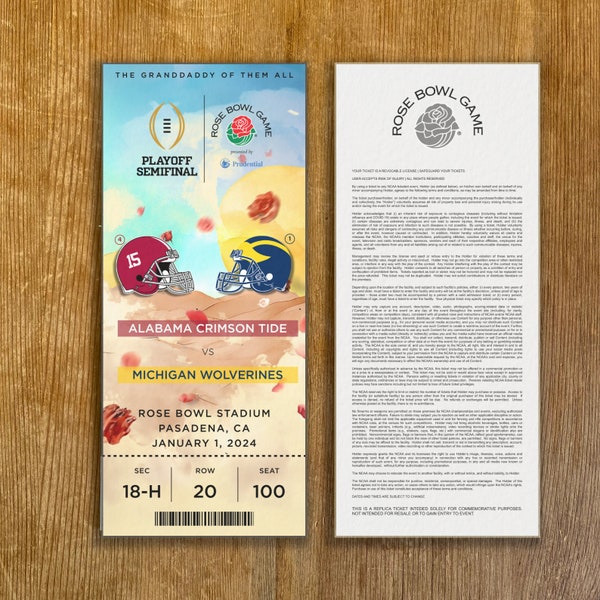 2024 Rose Bowl Customizable Michigan vs Alabama Commemorative Ticket Stub Any Seat Info | 1.1.2024 Pasadena CA