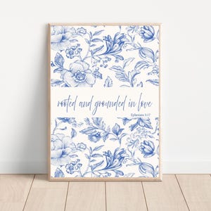Blue Floral Print, Bible Verse Print, Encouraging Christian Wall Art, Faith Gift, Bible Verse Wall Art Sign, Ephesians 3:17
