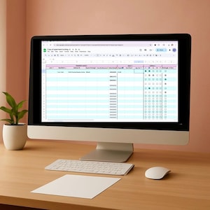 May include: A desktop computer displaying a spreadsheet titled "Copy of apartment hunting". A white keyboard, mouse, and a blank sheet of paper are on the wooden desk. A small potted plant sits to the left of the computer.