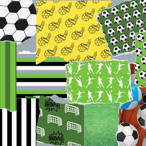 May include: A collage of torn paper with different soccer-themed patterns. The patterns include black and white soccer balls, green and white striped patterns, green and white soccer players, and green and white soccer goals with the word "GOAL" printed on them. The collage is surrounded by a pile of soccer balls.