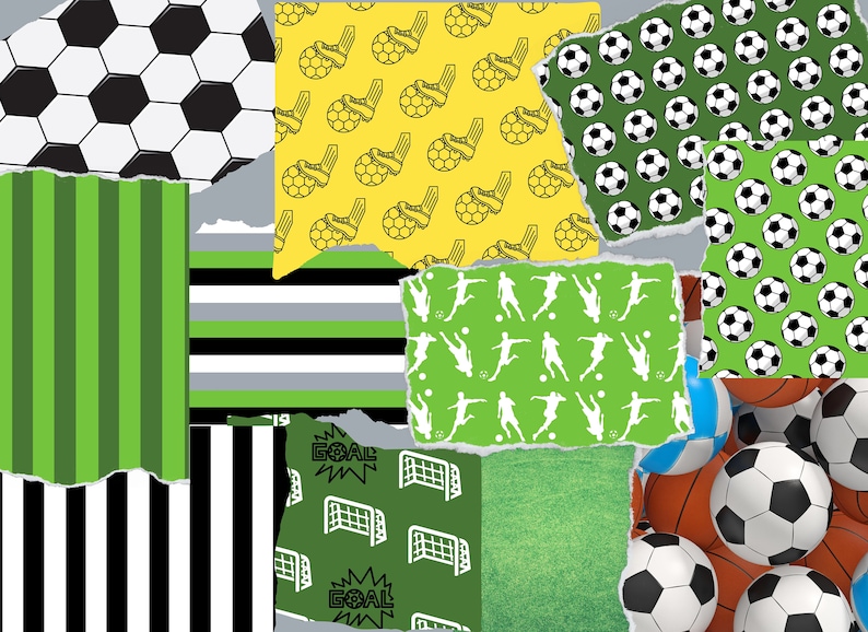 May include: A collage of torn paper with different soccer-themed patterns. The patterns include black and white soccer balls, green and white striped patterns, green and white soccer players, and green and white soccer goals with the word "GOAL" printed on them. The collage is surrounded by a pile of soccer balls.