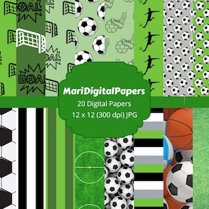 May include: A set of 20 digital papers featuring soccer and football themes. The papers include green, black, white, and gray colors with various patterns, including soccer balls, goal posts, and the word "GOAL".