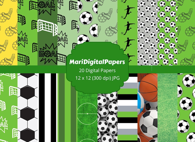 May include: A set of 20 digital papers featuring soccer and football themes. The papers include green, black, white, and gray colors with various patterns, including soccer balls, goal posts, and the word "GOAL".