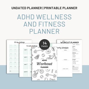 Puede incluir: Un planificador imprimible con una ilustración en blanco y negro de equipos de fitness, incluyendo una mancuerna, una bicicleta, una kettlebell y una pelota de béisbol. El planificador se titula "ADHD Workout Planner" y tiene 14 páginas. El planificador incluye un desafío de 30 días, un desafío de 12 semanas y un horario de entrenamiento semanal.