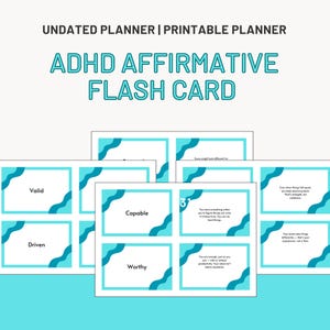Może przedstawiać: Zestaw sześciu niebieskich i turkusowych kart afirmacji z pozytywnymi przesłaniami dla osób z ADHD. Karty zawierają słowa "Ważny", "Napędzany", "Zdolny", "Godny" oraz dwie karty z dłuższymi przesłaniami.