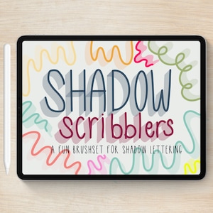 May include: A digital illustration of a tablet screen with the text "Shadow Scribblers: A Fun Brushset for Shadow Lettering" in colourful, stylized lettering. The background is filled with colourful, abstract shapes.
