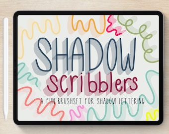 May include: A digital tablet displaying the text SHADOW scribblers A FUN BRUSHSET FOR SHADOW LETTERING in dark blue and maroon with drop shadows, surrounded by colorful wavy lines in yellow, pink, green, and coral, with a white stylus.