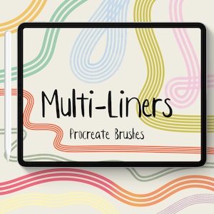 Può includere: Un'illustrazione digitale di linee ondulate colorate sullo schermo di un tablet. Il testo "Multi-Liners Procreate Brushes" è visualizzato sullo schermo.