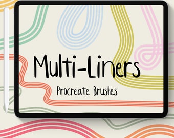 May include: A digital tablet displaying the text Multi-Liners Procreate Brushes in black font against a cream background with colorful, wavy, multi-line patterns in shades of orange, yellow, green, blue, and pink, accompanied by a white stylus.
