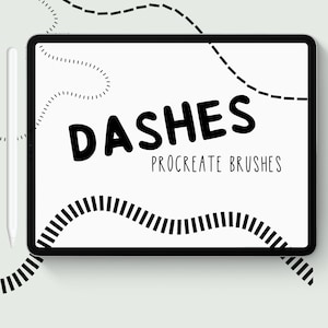 Peut inclure: Une tablette noire affiche le texte "DASHES PROCREATE BRUSHES" en gras. L'écran présente des lignes en pointillés noires et blanches. Un stylet blanc est positionné à gauche.