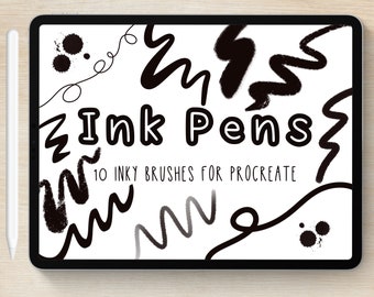 May include: A tablet screen displaying the text Ink Pens and 10 INKY BRUSHES FOR PROCREATE, surrounded by various black ink-style strokes, squiggles, and splatters on a white background, accompanied by a white stylus resting on the side.