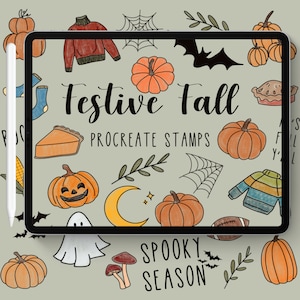 May include: A digital illustration on a tablet featuring fall-themed Procreate stamps. The design includes pumpkins, a sweater, a pie, a football, a ghost, a bat, and the text "Festive Fall" and "Spooky Season". A white stylus is on the left.