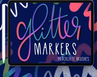 May include: A tablet displaying the text glitter MARKERS PROCREATE BRUSHES in a colorful gradient font against a dark blue background, surrounded by various wavy lines in different colors and textures, with a white stylus positioned to the left.