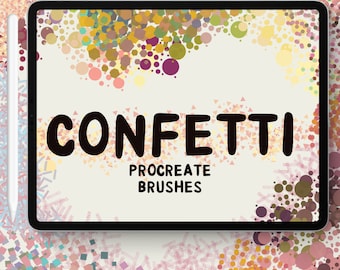 May include: A digital tablet with a white stylus featuring the text CONFETTI PROCREATE BRUSHES on the screen, surrounded by a colorful pattern of various geometric shapes including circles, squares, and triangles in shades of pink, yellow, and green.