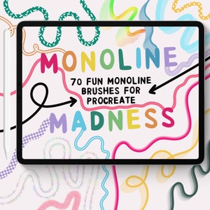 Puede incluir: Una ilustración digital de una pantalla de tableta con el texto "MONOLINE 70 FUN MONOLINE BRUSHES FOR PROCREATE MADNESS" en letras coloridas y divertidas. El fondo es rosa con líneas y formas abstractas de colores.