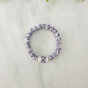 ALL PROFITS DONATED Floral Bracelet with 14K Gold Beads,Ceramic Bead Bracelet, Purple Ceramic beaded Bracelet, Friendship style Bracelet
