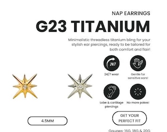 20G, 18G, 16G Starburst North Star Push Pin Labret • Titanium Threadless Flat Back Earring • Tragus • Helix • Cartilage • Nose Ring Stud