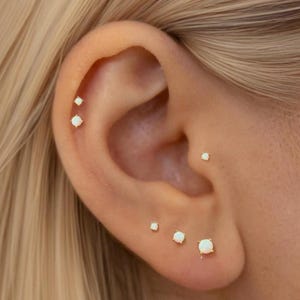 Titanium Threadless Labret Stud Earrings • White Opal Flat Back Push Pin Earrings • Helix Earring • Tragus Earring • Cartilage Earring