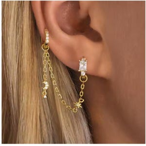 Dainty Moon and Star Sterling Silver Chain for Cartilage Piercing, Helix Chain, Chain Earring, Conch Chain Piercing 14g, 16g, 18g, 20g
