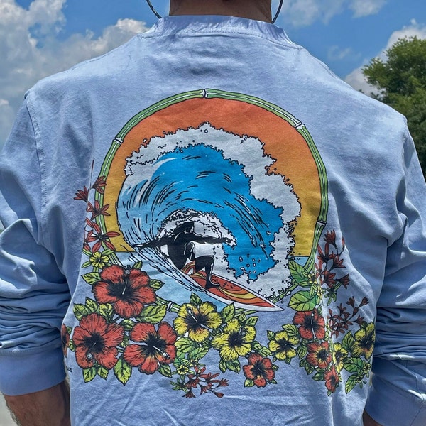 Vintage Long-Sleeve Surf T-shirt, Beach Wear, Ocean Surfing Shirt,  70's and 80's Inspired Cool Street Wear,  Hand Drawn Original Art.