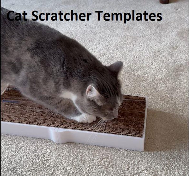 May include: A gray and white cat interacting with a cardboard cat scratcher. The scratcher is rectangular with a white plastic frame. The text "Cat Scratcher Templates" is at the top of the image.