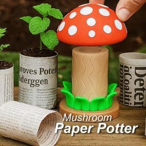 May include: A mushroom-shaped paper pot with a red cap and white spots, surrounded by small paper pots with plants. The base of the mushroom pot is brown with green leaf accents. The text "Mushroom Paper Potter" is visible.