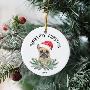 Dog First Christmas Ornament, French Bulldog, Personalized Pet Portrait, Christmas Ornament, Puppy 1st Christmas, Personalized Pet Name