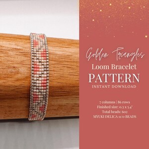 May include: A loom bracelet pattern for a beaded bracelet with a pink and white geometric design. The pattern is called "Golden Triangles" and is for an instant download. The bracelet is 0.3 inches wide and 5.4 inches long and uses 602 Miyuki Delica 11/0 beads.