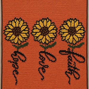 Puede incluir: Una manta de ganchillo rectangular en un tono naranja vibrante con un borde marrón oscuro. El diseño muestra tres girasoles con pétalos amarillos y centros marrones, cada uno con un tallo verde y la palabra "hope" escrita en hilo negro.