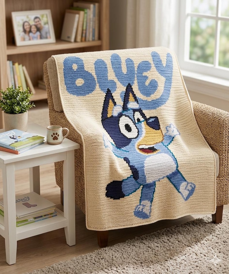 Pode incluir: Um cobertor de croch&ecirc; bege com a palavra "Bluey" em letras azul claro e uma imagem do personagem de desenho animado Bluey. O cobertor est&aacute; sobre uma poltrona de vime. Uma pequena mesa lateral branca tem uma caneca e livros.