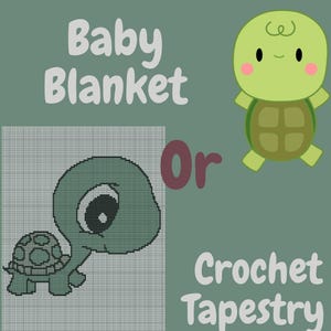 May include: A crochet pattern for a baby blanket featuring a cute green turtle design. The pattern is called "Baby Blanket or Crochet Tapestry".