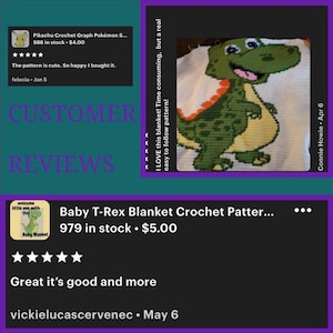 Pode incluir: Um cobertor de beb&ecirc; de croch&ecirc; com um design de T-Rex verde e amarelo. O cobertor tem um fundo branco e &eacute; feito com v&aacute;rios tons de fio verde, amarelo e laranja. A imagem tamb&eacute;m inclui avalia&ccedil;&otilde;es de clientes.
