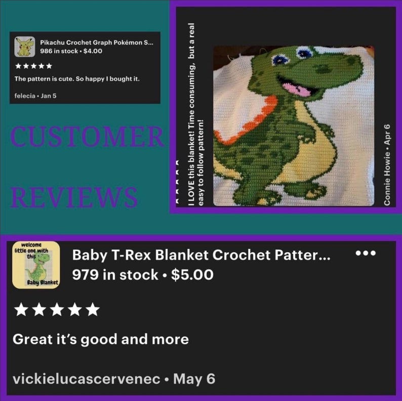 Pode incluir: Um cobertor de beb&ecirc; de croch&ecirc; com um design de T-Rex verde e amarelo. O cobertor tem um fundo branco e &eacute; feito com v&aacute;rios tons de fio verde, amarelo e laranja. A imagem tamb&eacute;m inclui avalia&ccedil;&otilde;es de clientes.