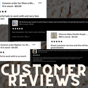 Pode incluir: Imagem mostrando avalia&ccedil;&otilde;es de clientes com texto sobreposto. As avalia&ccedil;&otilde;es destacam experi&ecirc;ncias positivas, mencionando frases como 'Wonderful lady to work with' e 'Great customer service'. As avalia&ccedil;&otilde;es s&atilde;o para padr&otilde;es de croch&ecirc;.