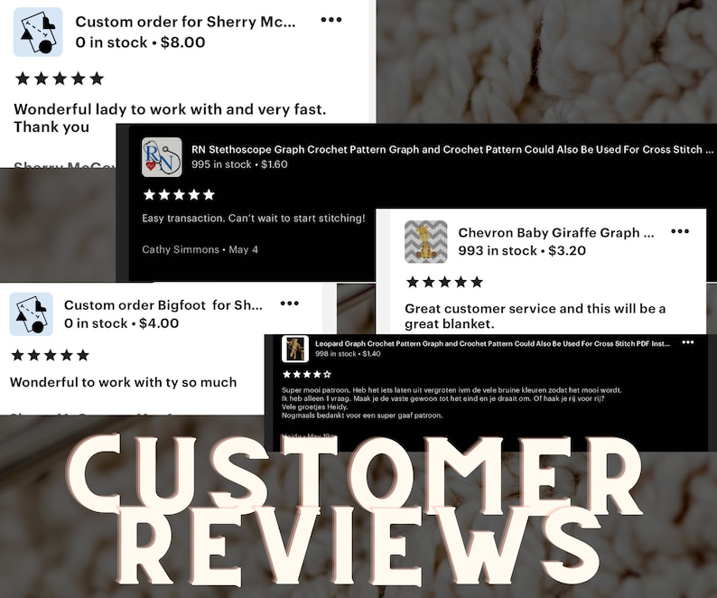 Pode incluir: Imagem mostrando avalia&ccedil;&otilde;es de clientes com texto sobreposto. As avalia&ccedil;&otilde;es destacam experi&ecirc;ncias positivas, mencionando frases como 'Wonderful lady to work with' e 'Great customer service'. As avalia&ccedil;&otilde;es s&atilde;o para padr&otilde;es de croch&ecirc;.