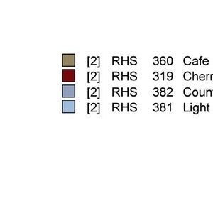 Pode incluir: Um gr&aacute;fico de cores para um projeto de artesanato, com uma legenda de nomes e c&oacute;digos de cores, incluindo Aran, Black, Blue e Bright Yellow. As instru&ccedil;&otilde;es para usar o gr&aacute;fico tamb&eacute;m est&atilde;o inclu&iacute;das, com medidas em polegadas.