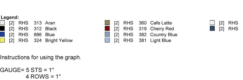 Pode incluir: Um gr&aacute;fico de cores para um projeto de artesanato, com uma legenda de nomes e c&oacute;digos de cores, incluindo Aran, Black, Blue e Bright Yellow. As instru&ccedil;&otilde;es para usar o gr&aacute;fico tamb&eacute;m est&atilde;o inclu&iacute;das, com medidas em polegadas.